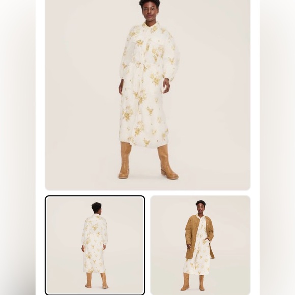 Artsy Teacher Full Button Down Shirt Dress Gold Roses on Cream Long Women’s L - Picture 15 of 16